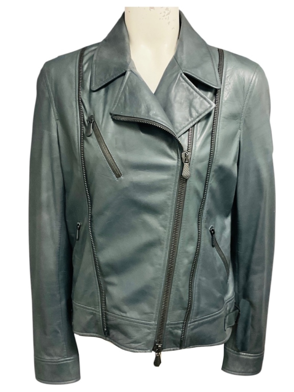 BOTTEGA VENETA SLATE BLUE GREY ZIP FRONT LEATHER MOTO JACKET